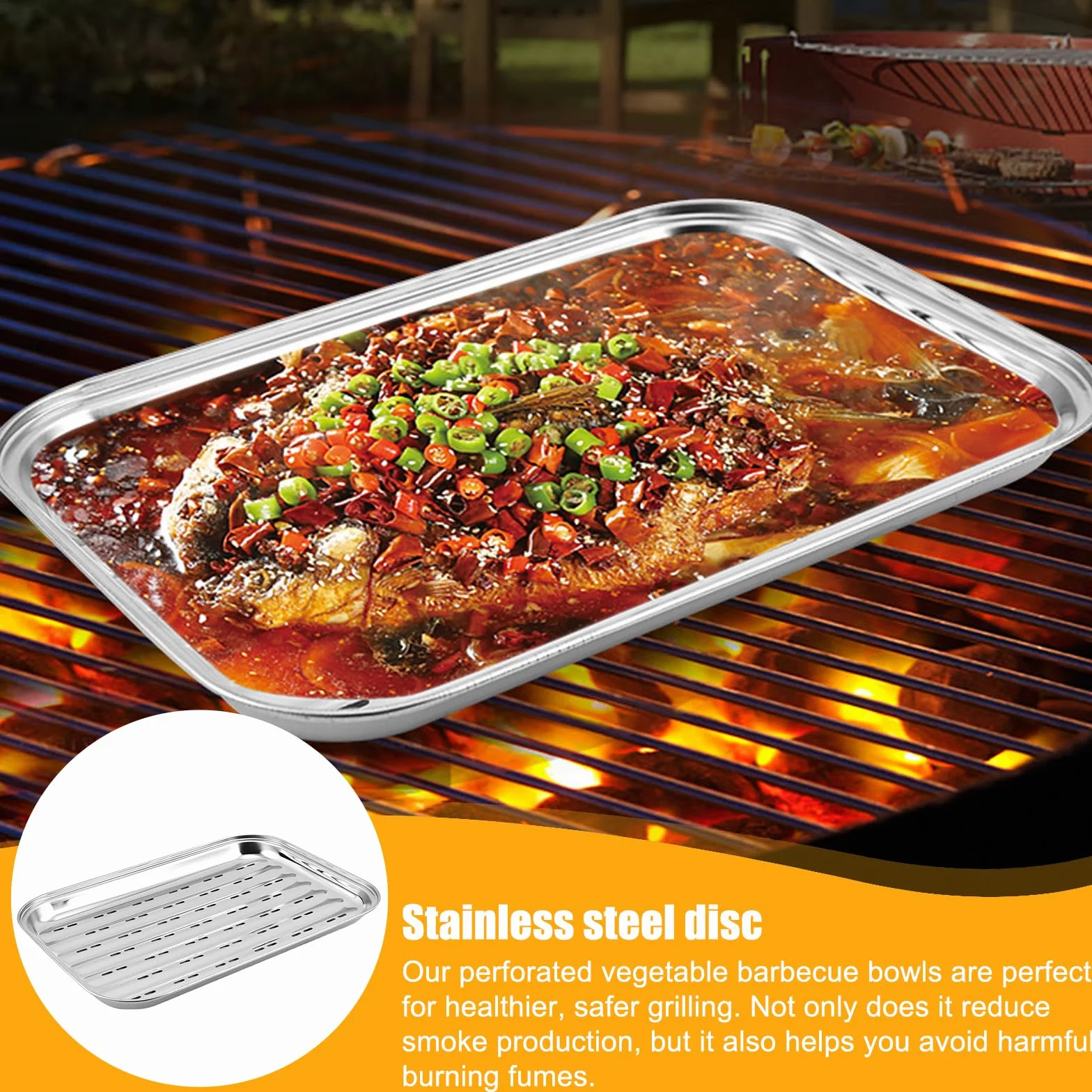 Asfrode 2 bandejas para barbacoa de acero inoxidable, 34,5 x 24,2 x 2,7 cm, reutilizables, para verduras, pescado o carne, para barbacoas de gas, eléctricas y de carbón vegetal (3, plata)