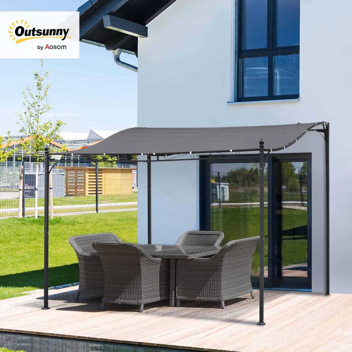 Outsunny Cenador de Jardín 3x3 m Pérgola con Toldo y 16 Orificios de Drenaje para Patio Terraza Metal y Poliéster 180 g/m² Resistente Gris