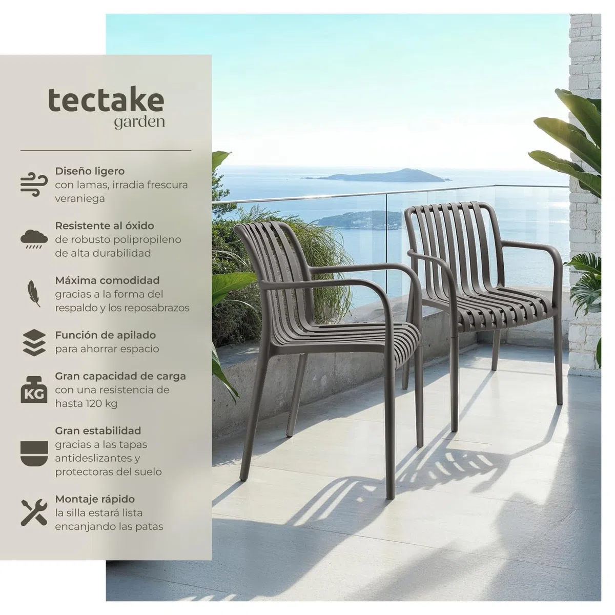 tectake® Sillas Terraza Exterior Apilables, Plástico Resistente, Antideslizante, Fácil de Montar, Muebles Resistentes, Sillas Jardin Exterior - Set de 2 con Reposabrazos Antracita