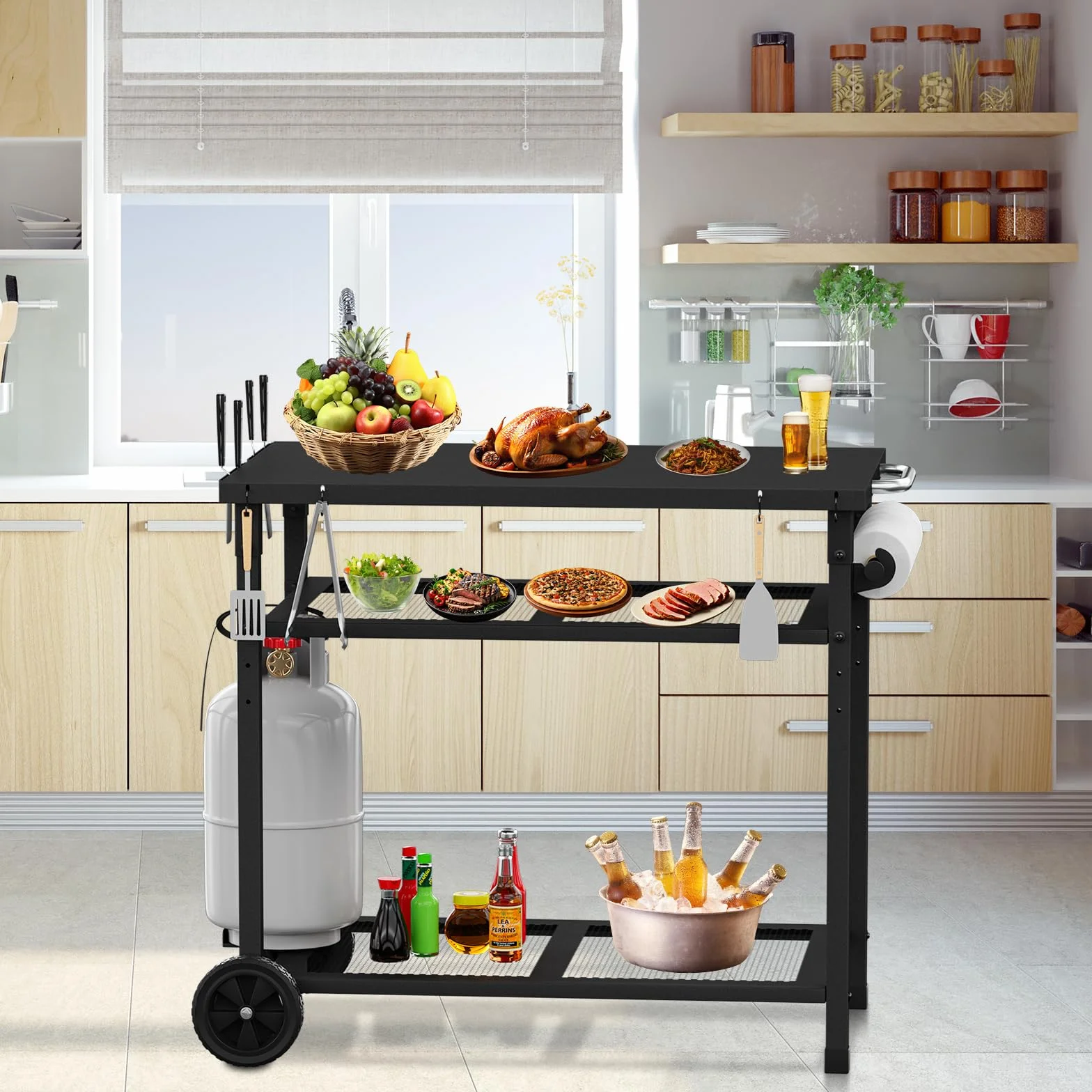 Carrito de barbacoa multifuncional, 3 niveles, carrito de cocina con soporte para toallas de papel y ganchos, mesa auxiliar para exteriores (negro)