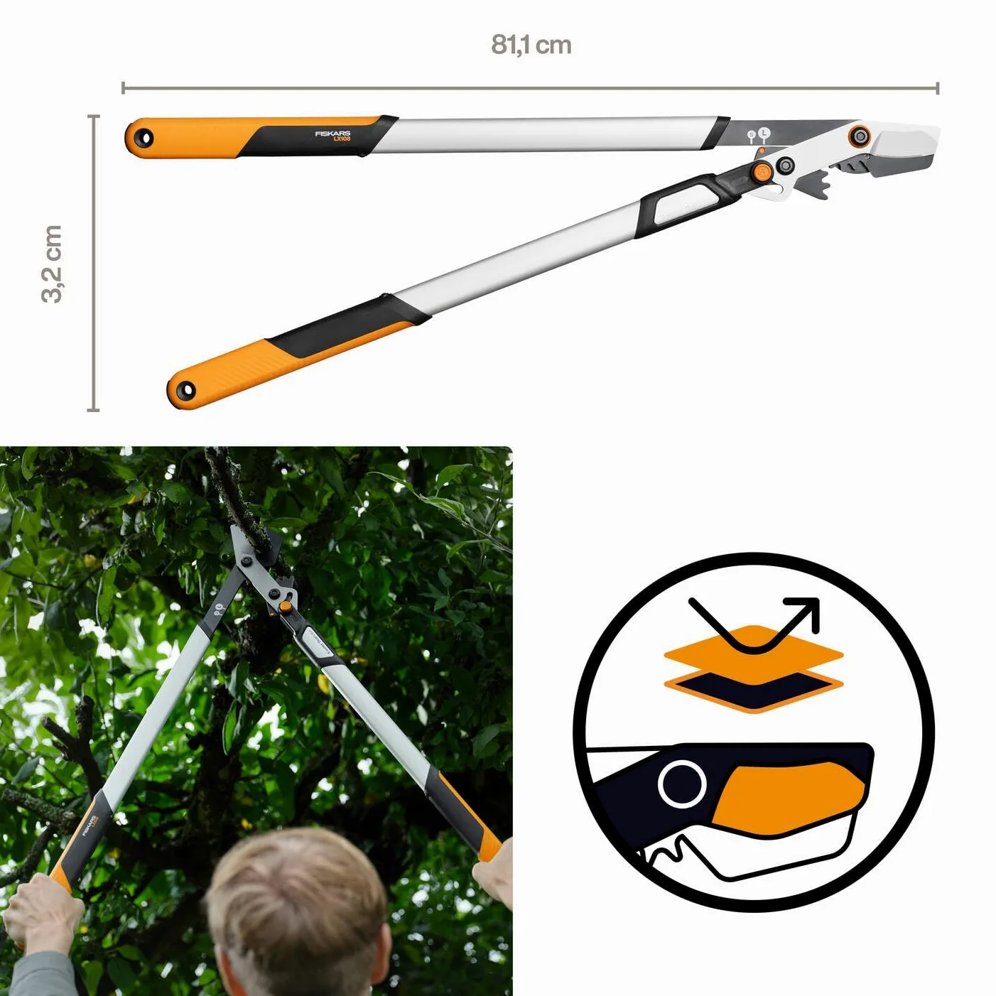 Fiskars X-series DualAction Tijeras de podar Bypass LX108, 2en1 para cortes rápidos o potentes, Cuchillas de acero antiadherente/Mangos ligeros de aluminio con SoftGrip, Negro/Naranja, 1080133