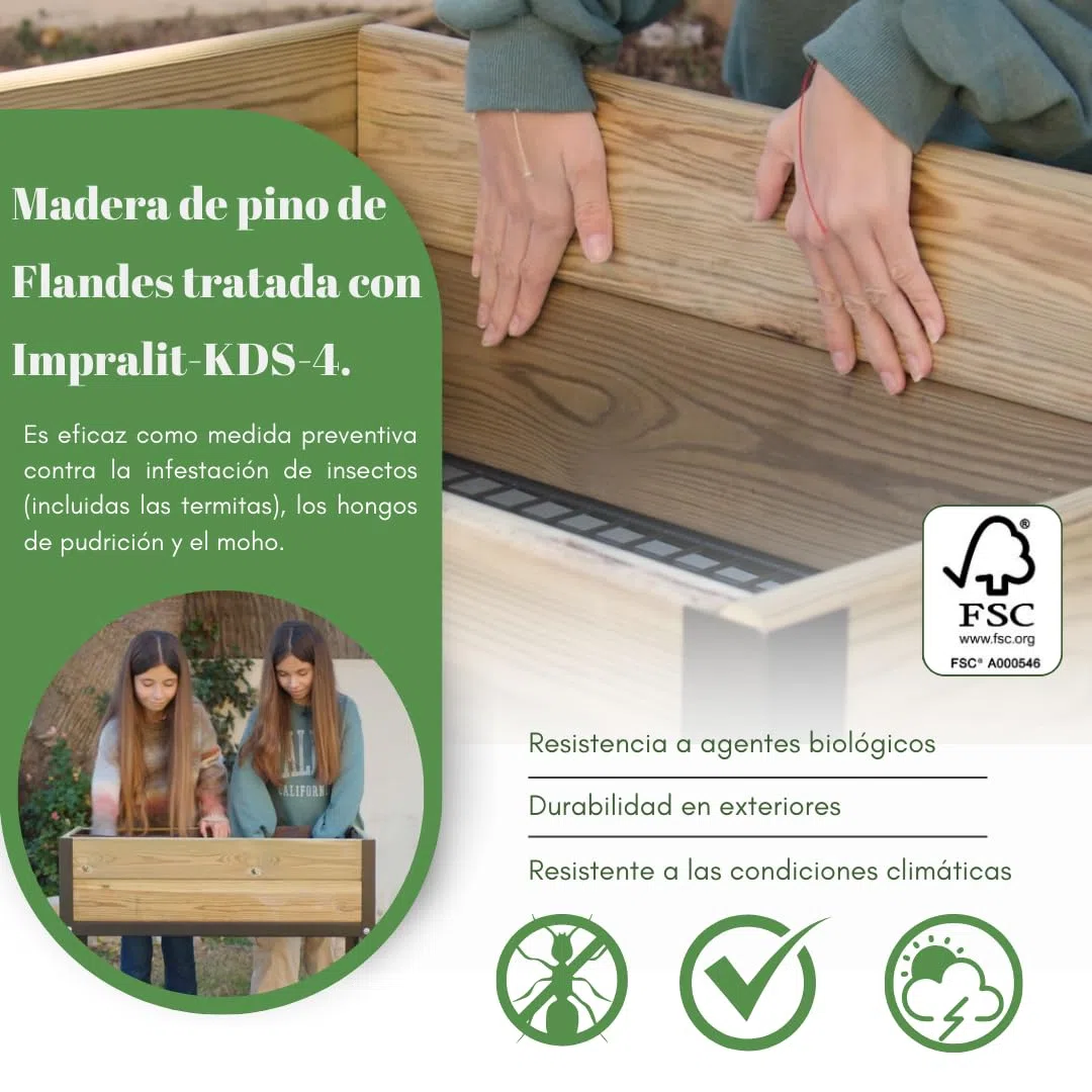 Jardinera Arriate Madera con Bandeja Recoge Aguas | Estructura Metálica | Mesa Cultivar Plantas Terraza Jardín Balcón Exterior | Verde | HUERTO BAJO - 90x60x38 cm