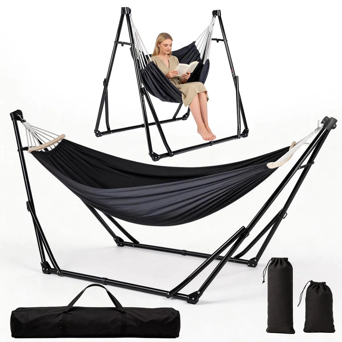 Hamaca y Sillón Colgante con Soporte Plegable, Set de Soporte de Hamaca Portátil de Doble Uso para Interior y Exterior Jardín Terraza Patio Camping Cubierta