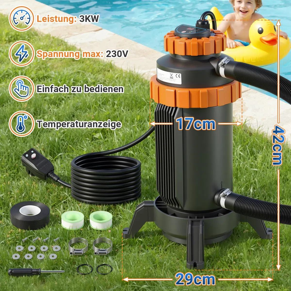 Calentador eléctrico para piscinas, diámetro de 29 x 42 cm, calefacción de piscina, calefacción de piscina, eléctrica para la mayoría de las piscinas pequeñas, protección contra fugas