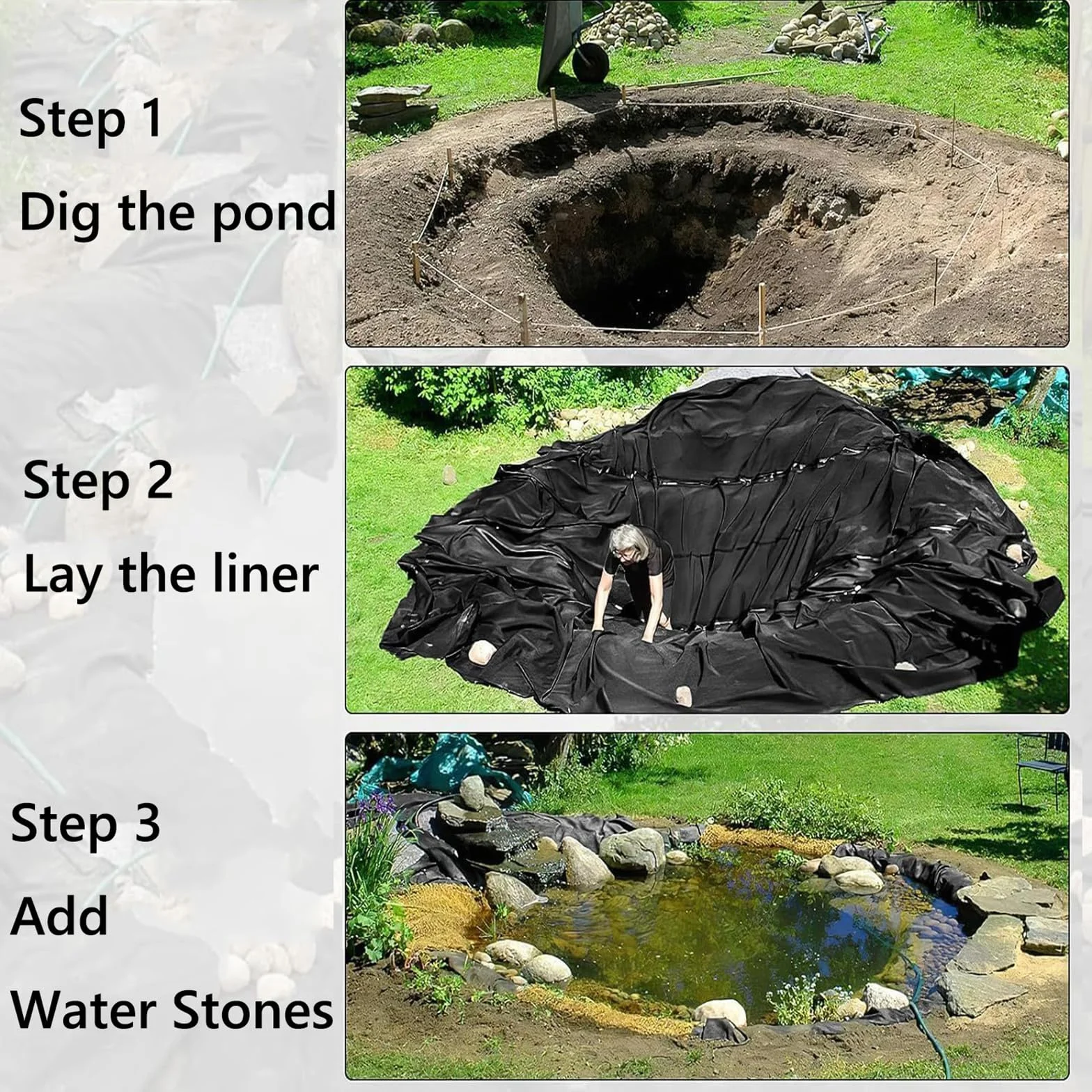 Revestimiento de Estanque de HDPE, Revestimiento de Caucho Negro para Estanque, 2x5m, 6x5m, 8x7m, 10x9m, para paisajismo, Cascadas y estanques pequeños