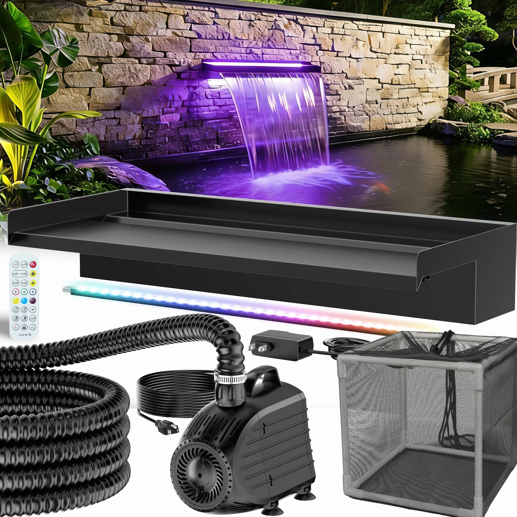 POPOSOAP Kit de Cascada para Estanque, Desagüe de Acero Inoxidable 60cm, Bomba de Agua 4500 L/h, Luces LED con Mando a Distancia y Tubo Corrugado 3m, Adecuado para Estanques Exteriores hasta 12 m²