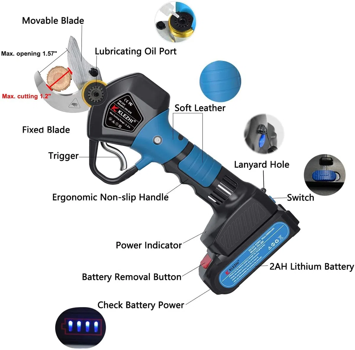 Tijeras de Podar Electricas, Podadora con Bateria Profesional, Bateria Litio 2Ah Recargable con 2 Repuestos, Corta Rango 30mm, 6-8 Horas, Tijeras de Podar Bateria de Ramas Arboles, Negro