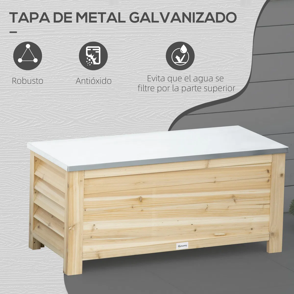 Outsunny Arcón de Jardín Exterior Carga 155L Baúl de Almacenaje Exterior de Madera con Tapa de Metal Galvanizado y Diseño con Listones para Jardín Terraza Balcón 110x50x50 cm Natural