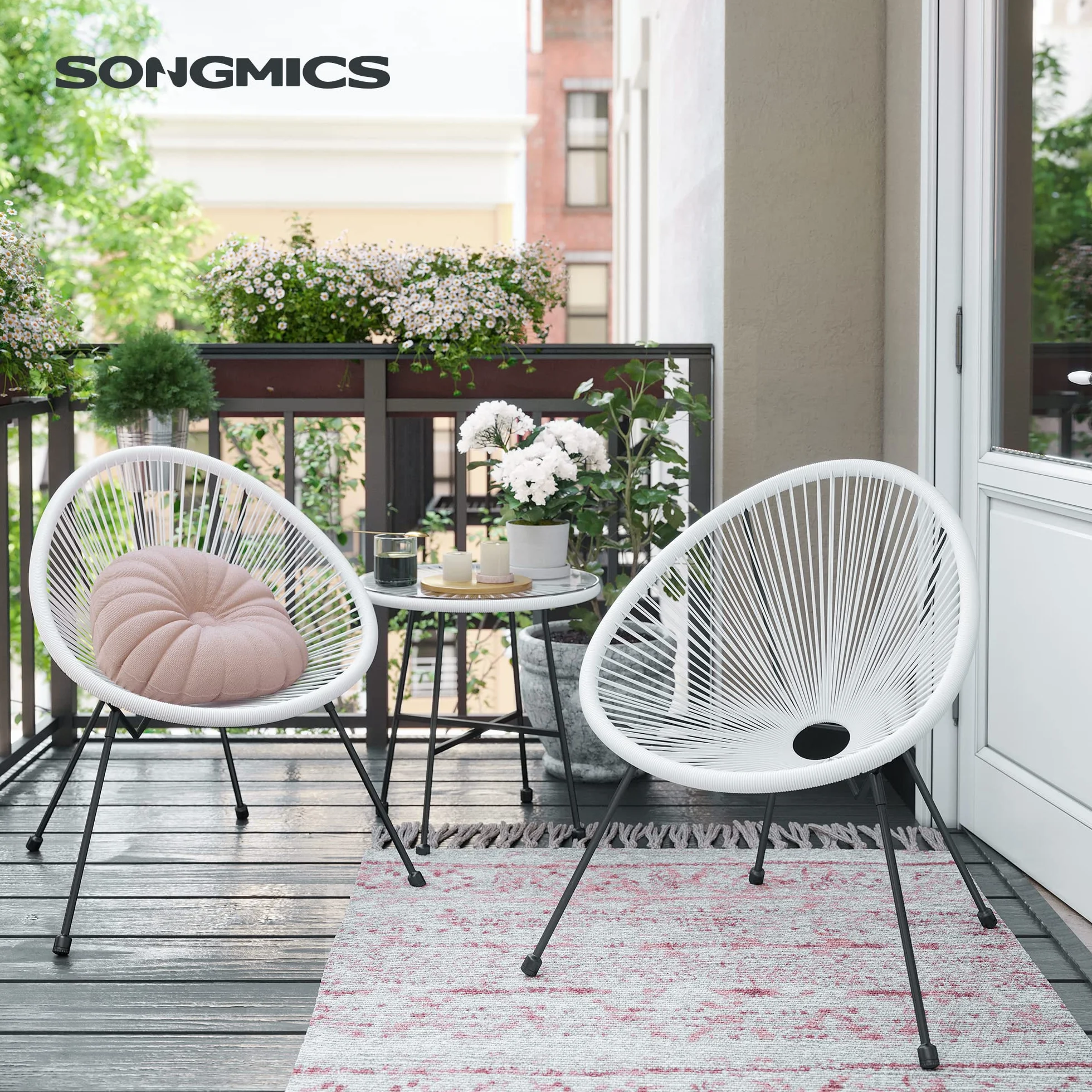 SONGMICS Conjunto de Muebles de Jardín, 3 Piezas, Silla Acapulco, Asientos de Exterior, Mesa con Tapa de Cristal y 2 Sillas, Conjunto Mueble de Interior y Exterior, Blanco GGF013W02