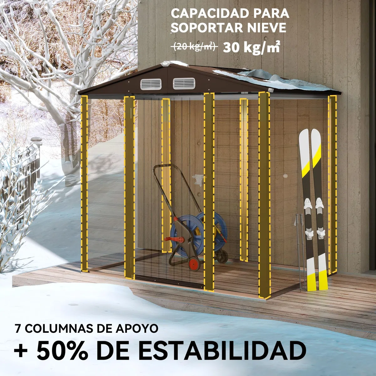 Outsunny Caseta de Jardín Exterior, 2,27 m² 190x131x188 cm, Cobertizo de Jardín Exterior Metálico con 2 Ventilaciones, Puerta con Cerradura, para Almacenamiento de Herramientas, Roble