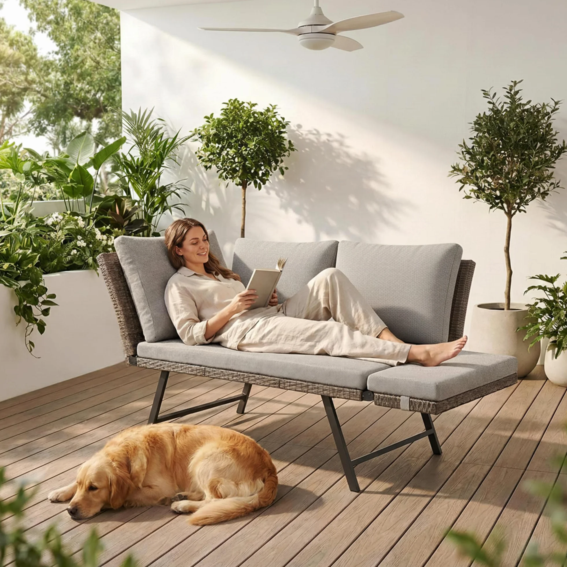 Fiutazge Sofá de Jardín de Rattan,2 Plazas con Reposabrazos Regulables,Convertible en Cama de Día,Sofa Terraza Exterior con Cojines Gruesos para Balcón,Terraza y Porche,Beige