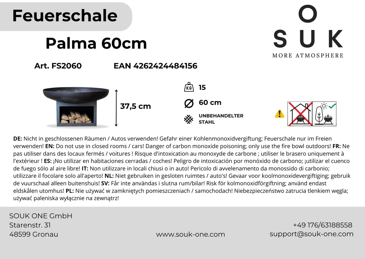 Brasero Palma de 60 cm, brasero para el jardín, protección contra chispas, terraza y balcón, barril de fuego y cesta de fuego (60 cm de diámetro)