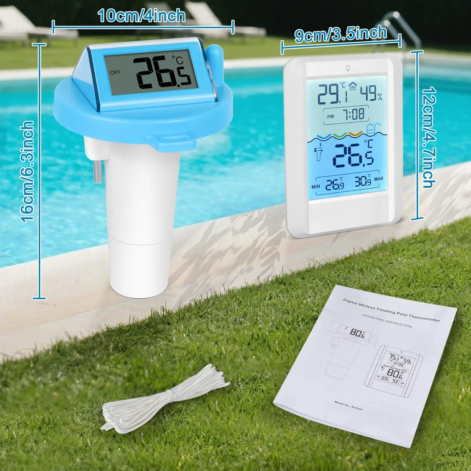 PATEMZON Termómetro Piscina Solar, Termómetro Piscina Connecté, Termometro Piscina Sin Fil Flottante con Récepteur Radio LCD, Accessoire Piscine pour Aquarium, Étang à Poissons