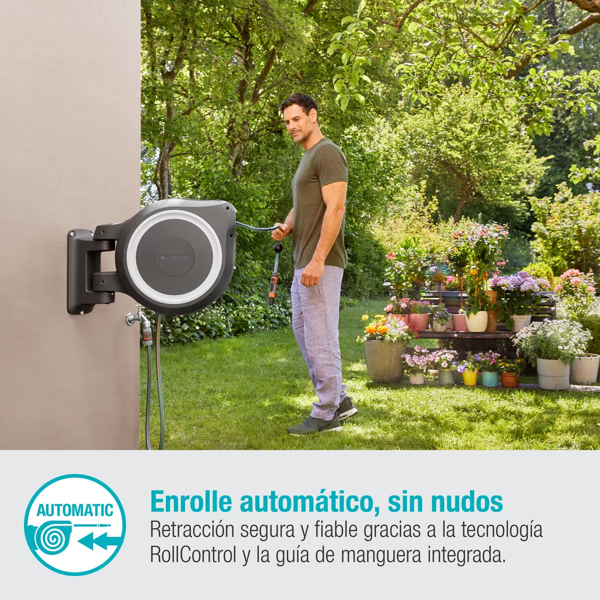 Gardena Rollup L-Caja de Manguera de Pared (30 m), Color, Turquesa, Negro, Gris, Naranja, Blanco, 18627-20