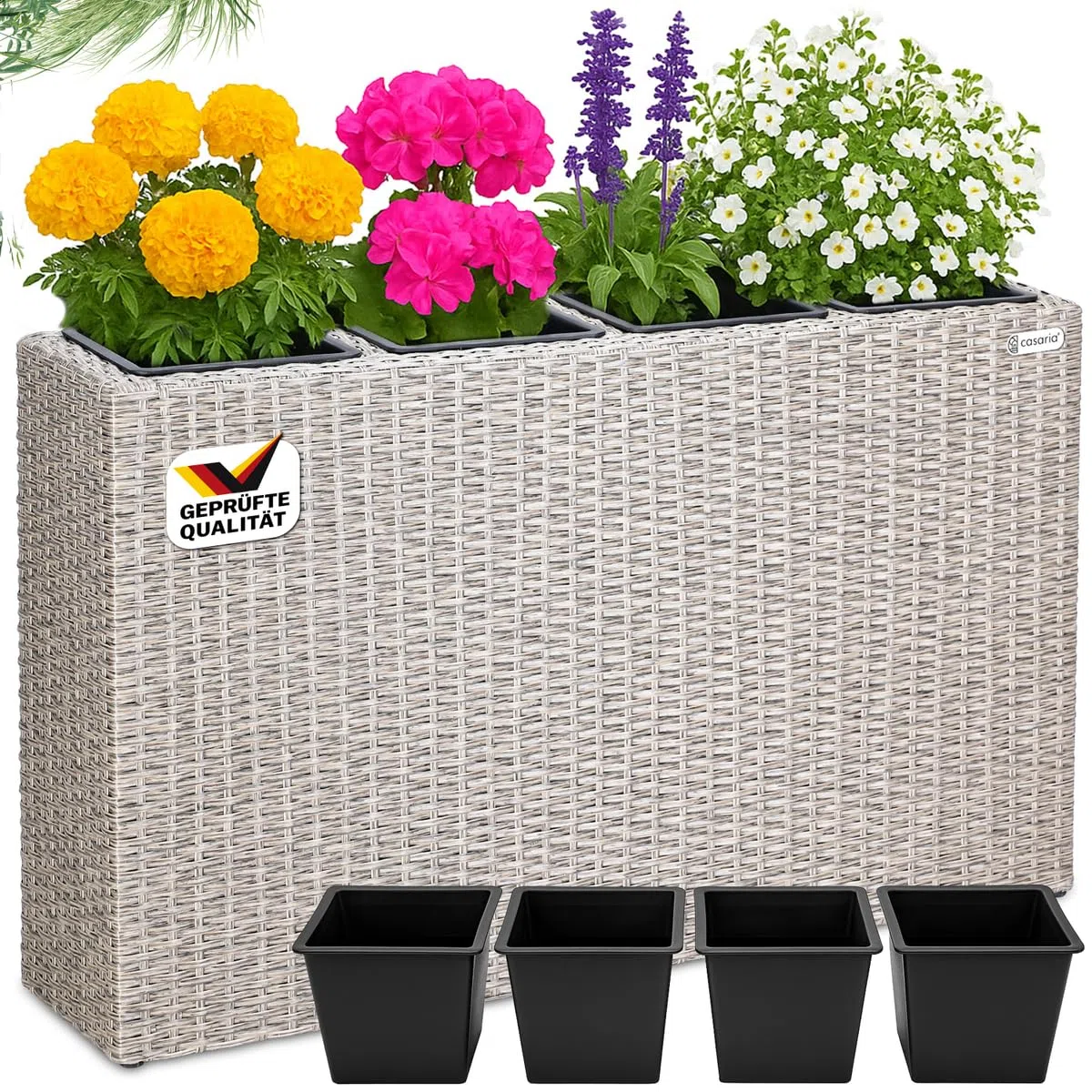 CASARIA Macetero de Poliratán para Exterior jardín 4 Macetas Drenaje de Agua 95 x 27 x 60 cm Jardinera Crema