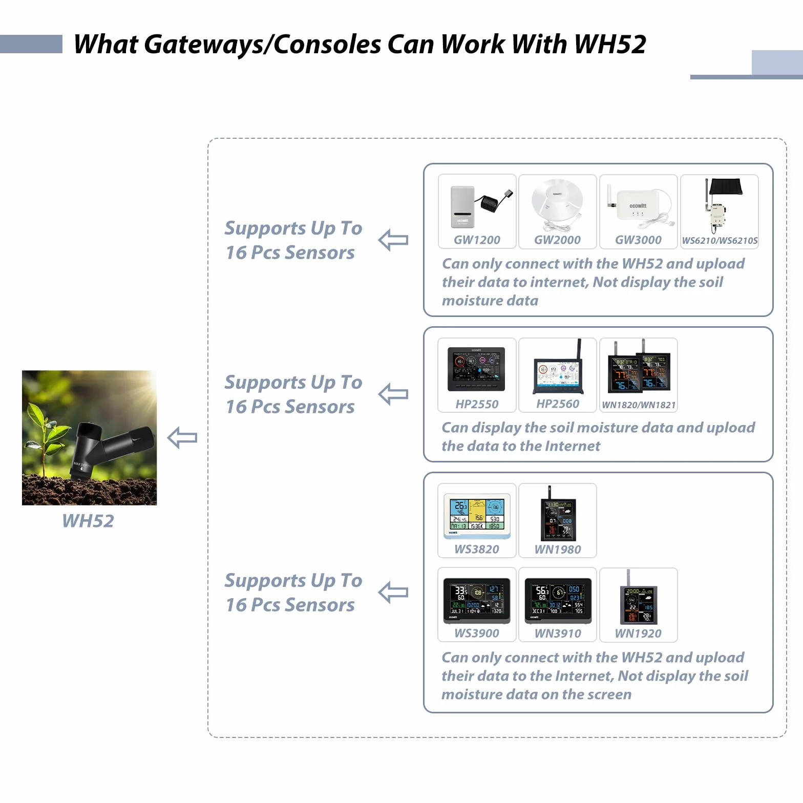 ECOWITT WH52 Sensor de Humedad del Suelo de Triple función (16 Canales) + Sensor de conductividad del Suelo + Termómetro, higrómetro para Plantas + Nueva Pasarela GW3000