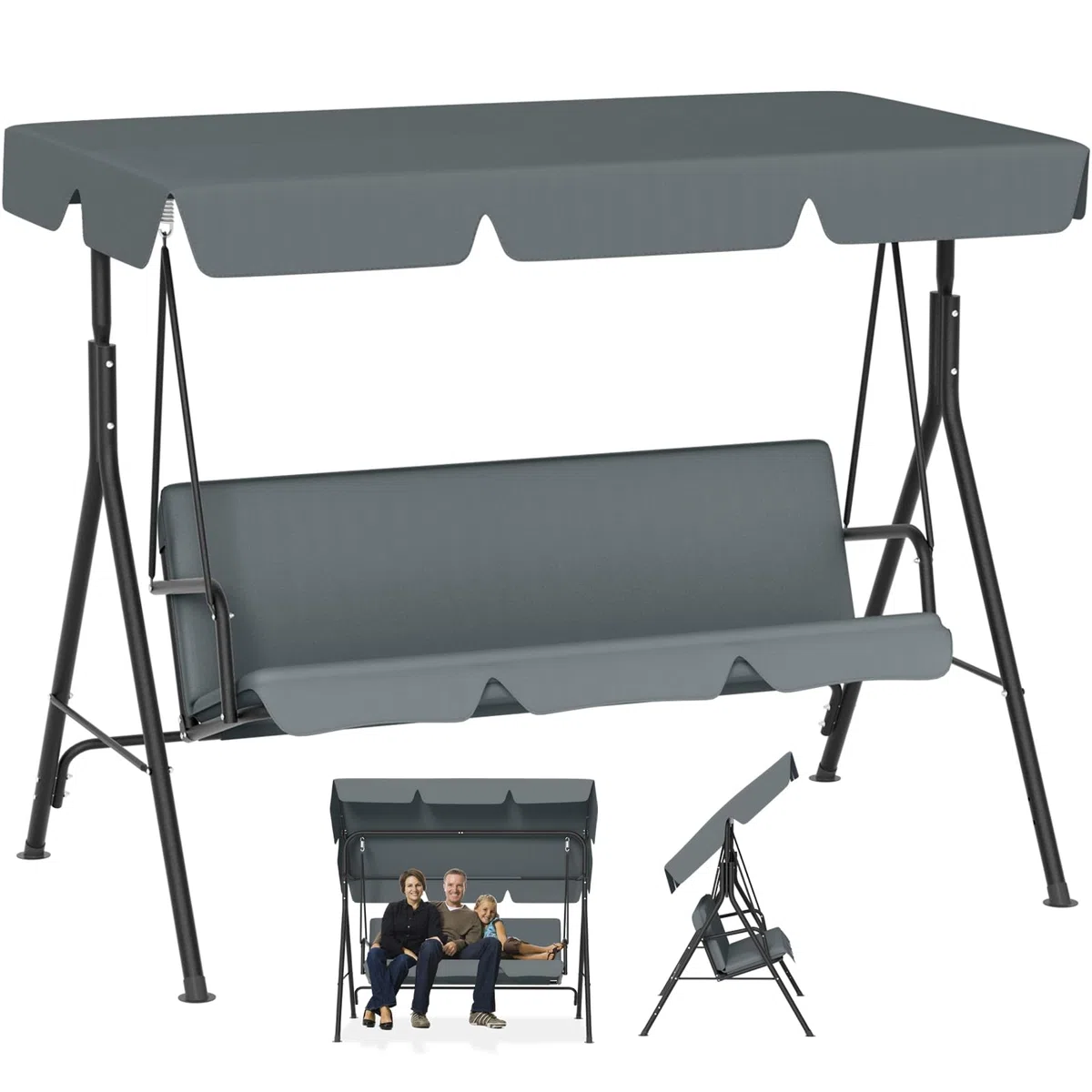 Froadp Columpio de jardín para exteriores con techo, 3 plazas, soporta hasta 200 kg, resistente a la intemperie, columpio para adultos en el jardín, balcón, terraza, 176 x 110 x 152 cm, antracita
