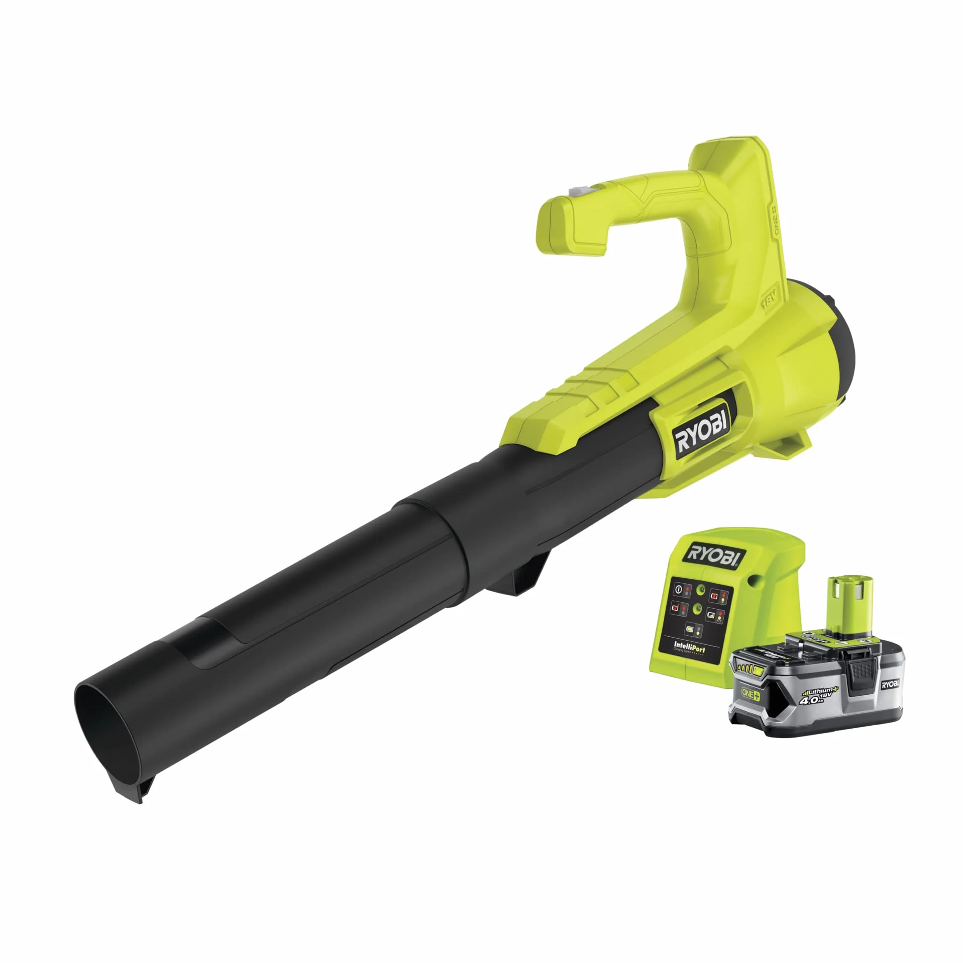 RYOBI - Soplador Eléctrico Inalámbrico Turbo Jet 18V One+ - Limpieza de Pasillos Exteriores, Terrazas, Jardines Pequeños y Medianos - 1 Batería de Litio 4Ah y 1 Cargador Rápido 1,5 A - RY18BLA-140