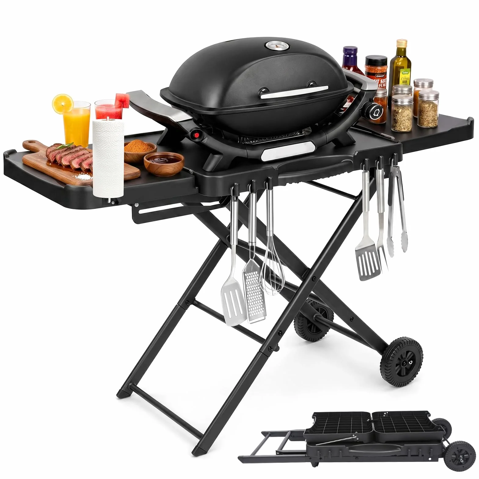 Denmay Carro de mesa para Weber Q100 Q200 Q300 Serie, Enders Urban, Nexgrill, Ninja Woodfire Grill, horno de pizza, Solo Stove, Burnhard Wayne, soporte de parrilla con ruedas para la mayoría de las