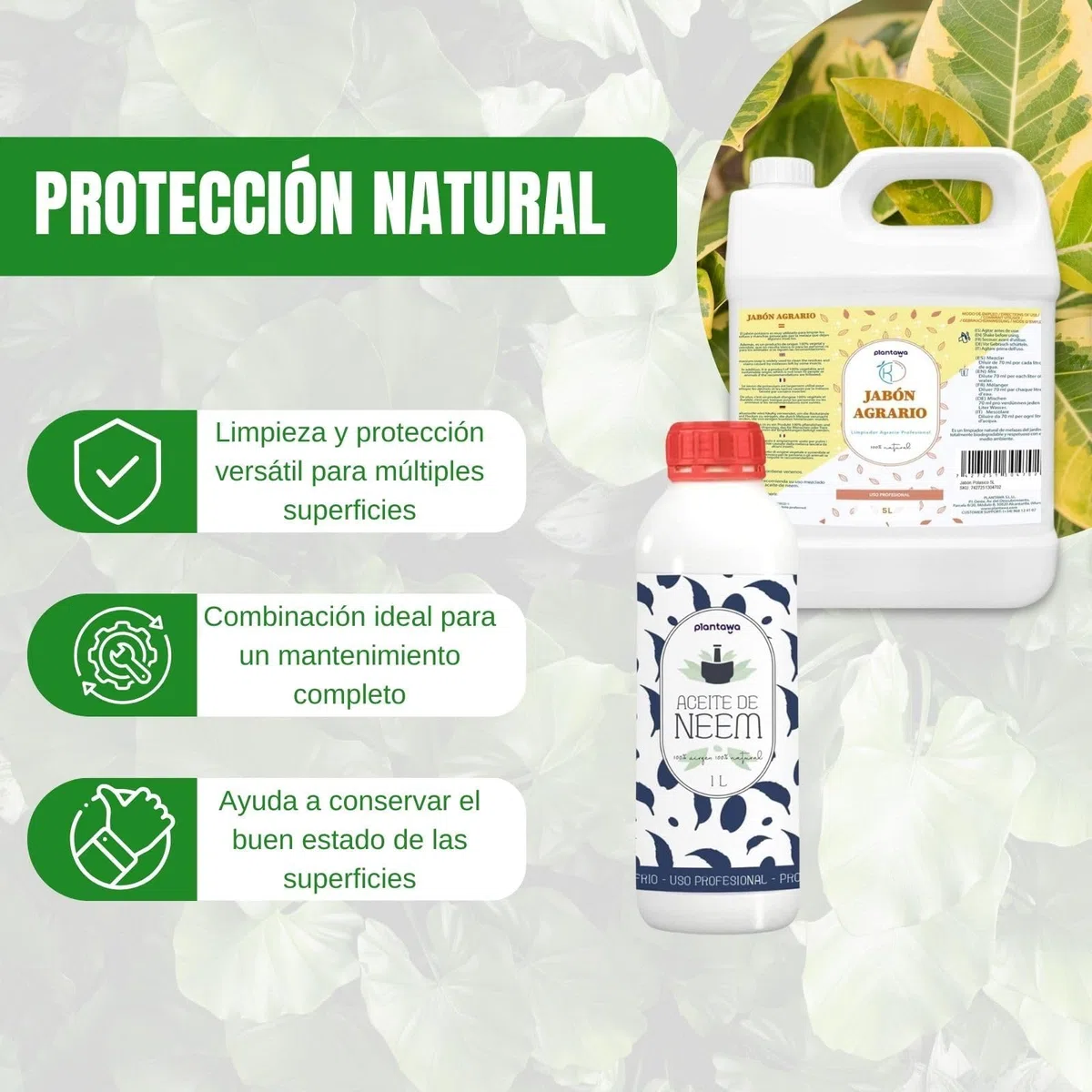 PLANTAWA Pack Ahorro Jabón Potásico 5L + Aceite de Neem 1L | Solución Multiusos | Fácil Aplicación y Máxima Eficacia | Versátil | Uso en Interior y Exterior | Productos de origen natural