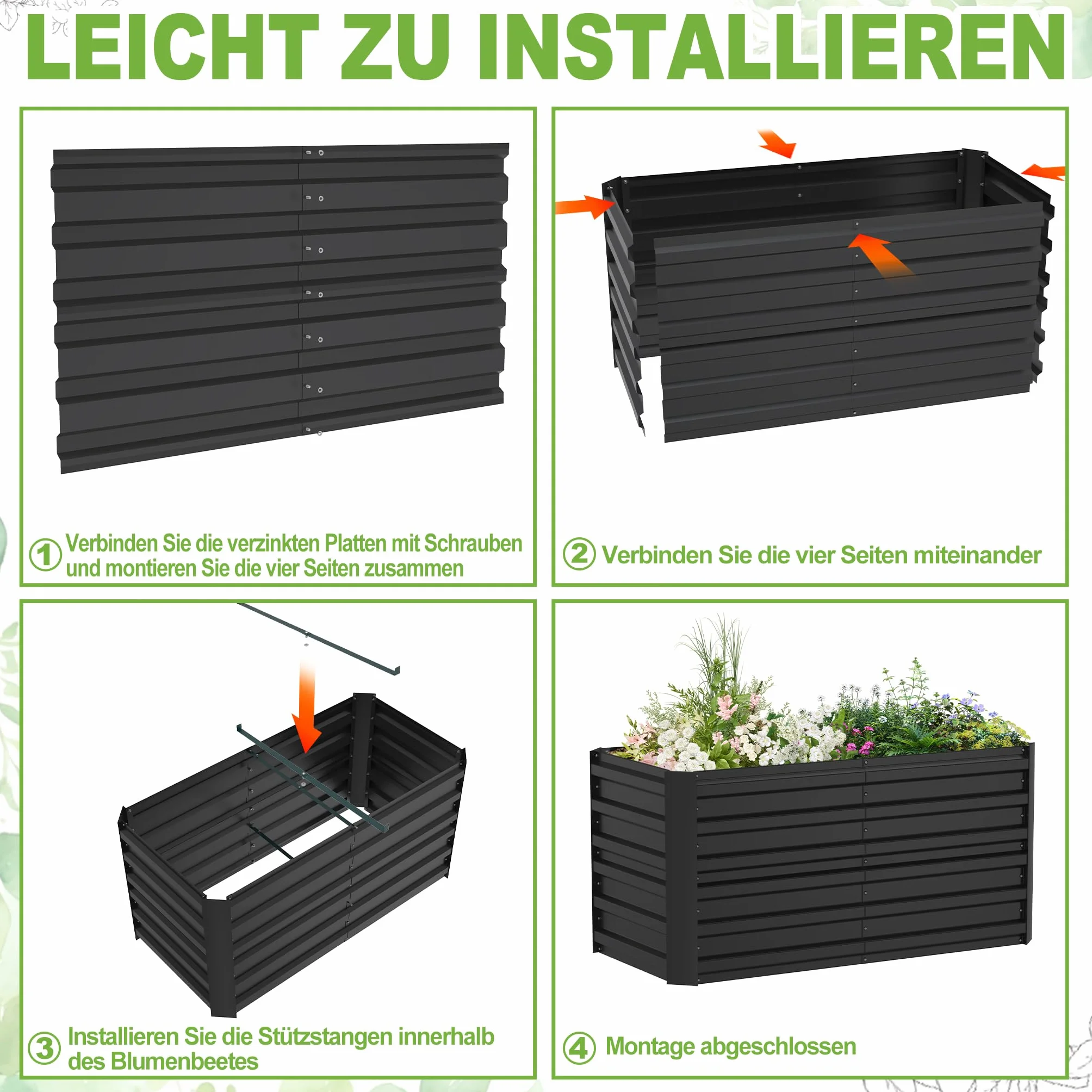 FIVMEN Jardinera de acero galvanizado, 120 x 60 x 58 cm, jardinera grande para exteriores, jardinera, jardinera, rectangular, para jardín, balcón, color negro