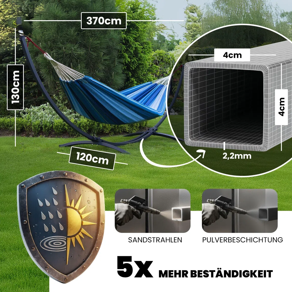Potenza Hamaca con Soporte Incluido en Jardin, de Tela Multicolor, para 2 Personas Doble I Grande Soporte Capacidad de 220 Kg I Hamaca 220x160 cm (Azul, Soporte Gris)