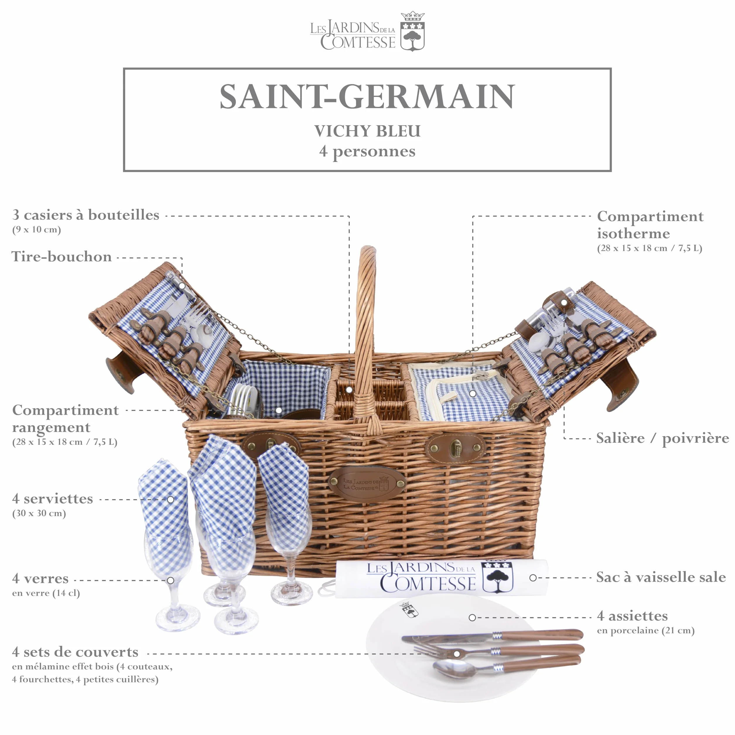 Les Jardins de la Comtesse – Cesta de picnic Saint Germain Vichy Bleu – 4 personas – Refrigerador isotérmico – Taquillas 3 botellas – Platos cerámica – 48 x 35 x 26 cm