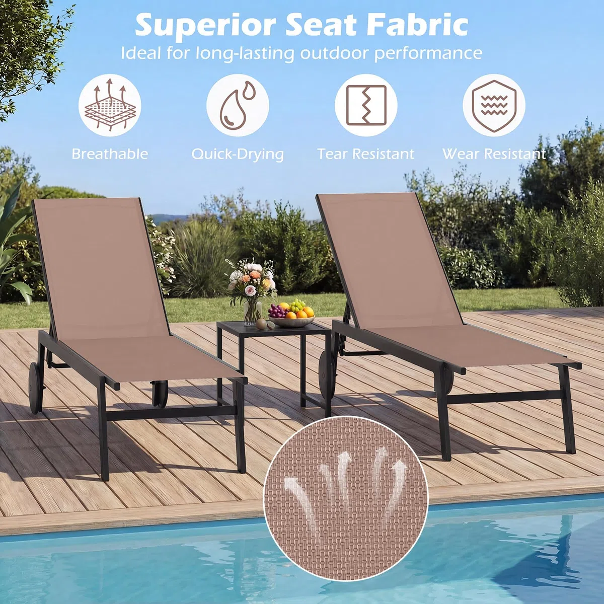 GIANTEX Juego de 1/2 Tumbonas de Jardín con Ruedas, Silla Reclinable de Metal con Respaldo Ajustable en 6 Posiciones, Tejido Transpirable, Tumbona para Piscina, Playa, Balcón (1, Marrón)