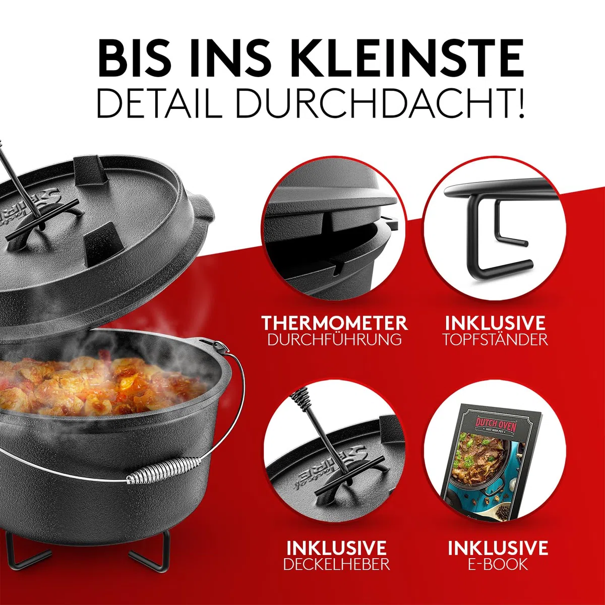 Horno holandés para barbacoa [el original] – 10,8 litros de horno holandés con soporte para ollas y tapa de 2,2 litros con doble función además se puede utilizar como sartén para barbacoa, incluye