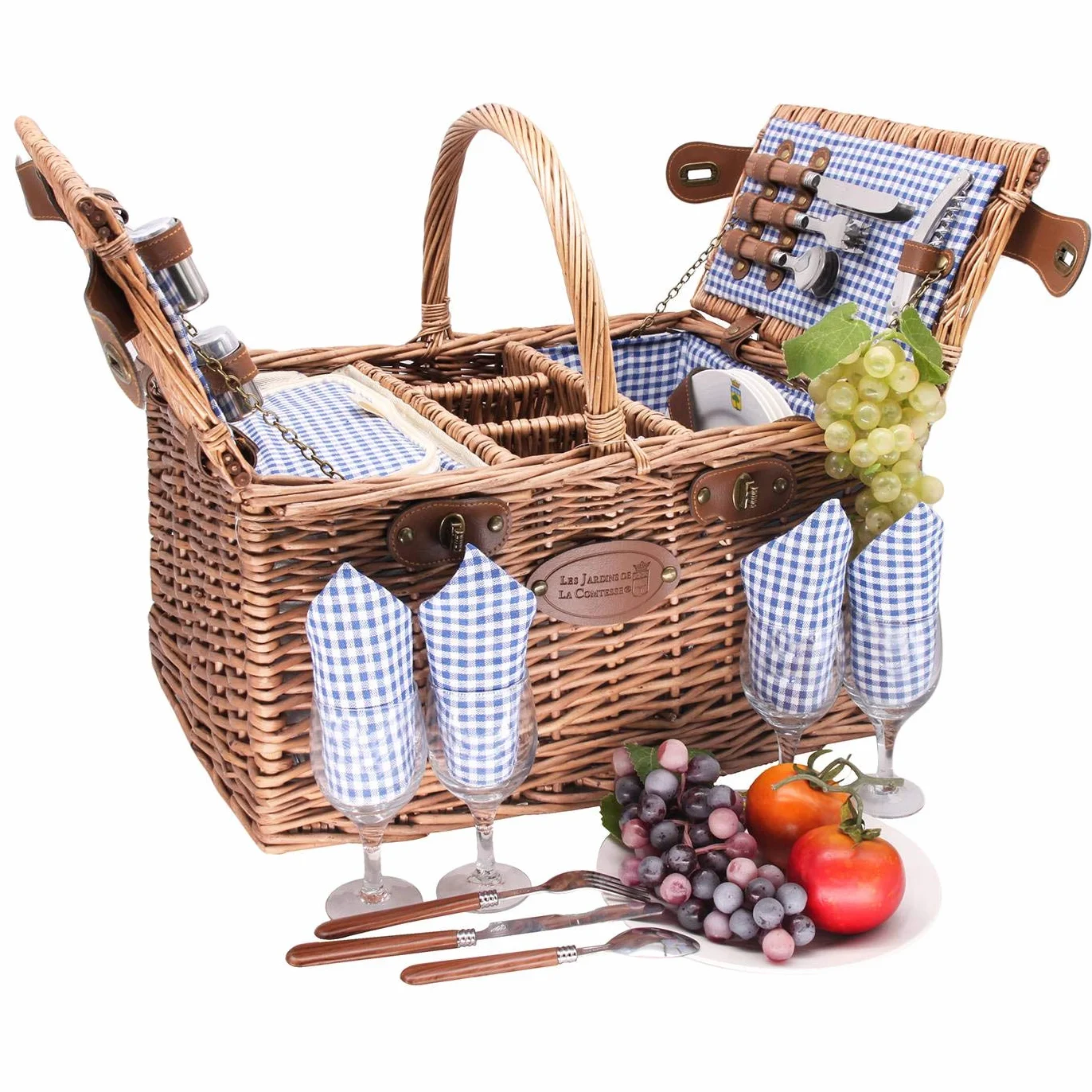 Les Jardins de la Comtesse – Cesta de picnic Saint Germain Vichy Bleu – 4 personas – Refrigerador isotérmico – Taquillas 3 botellas – Platos cerámica – 48 x 35 x 26 cm