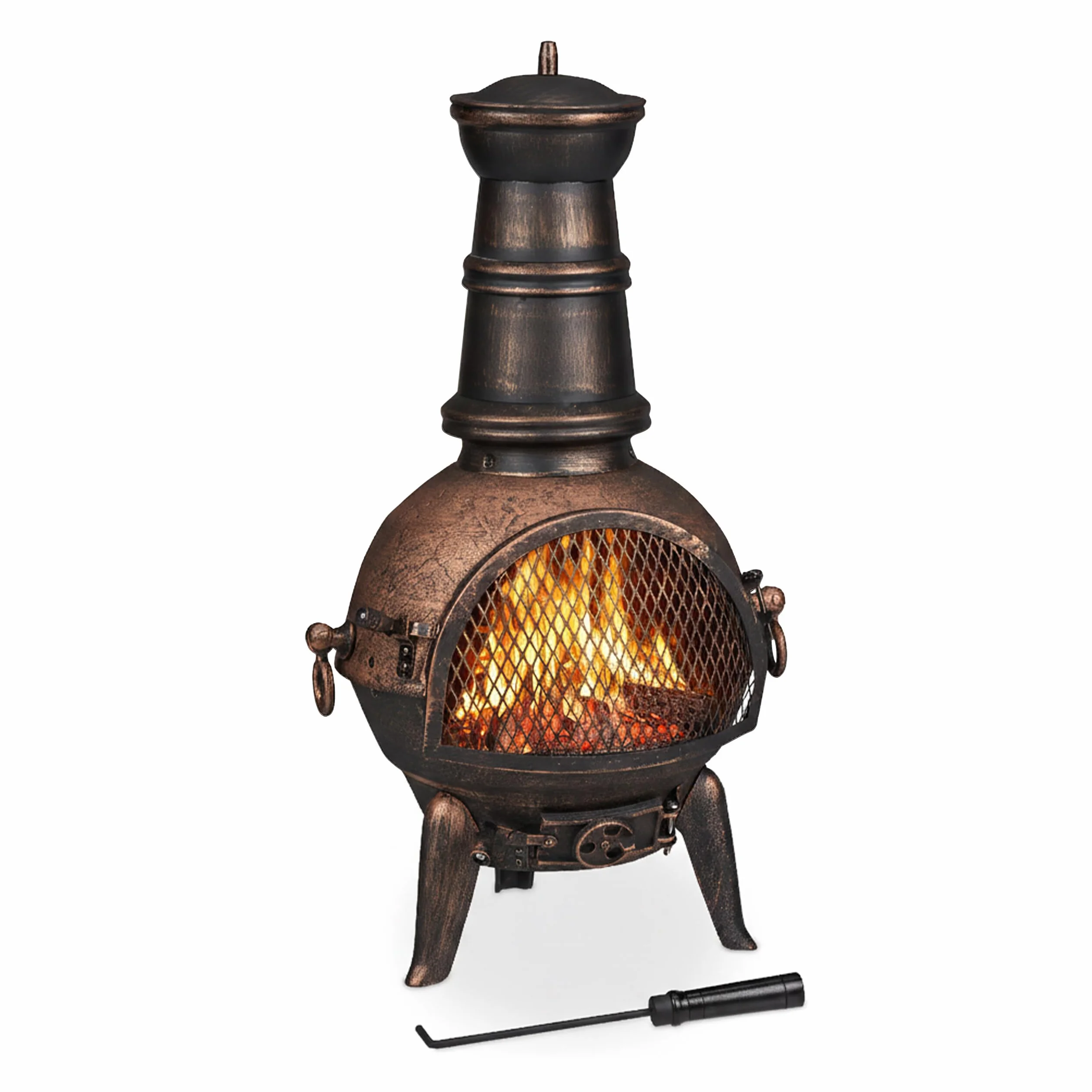 Relaxdays Chimenea Exterior, Estufa Terraza, con Atizador, Hierro Fundido, Protección Antichispas, 86x46x38 cm, Bronce
