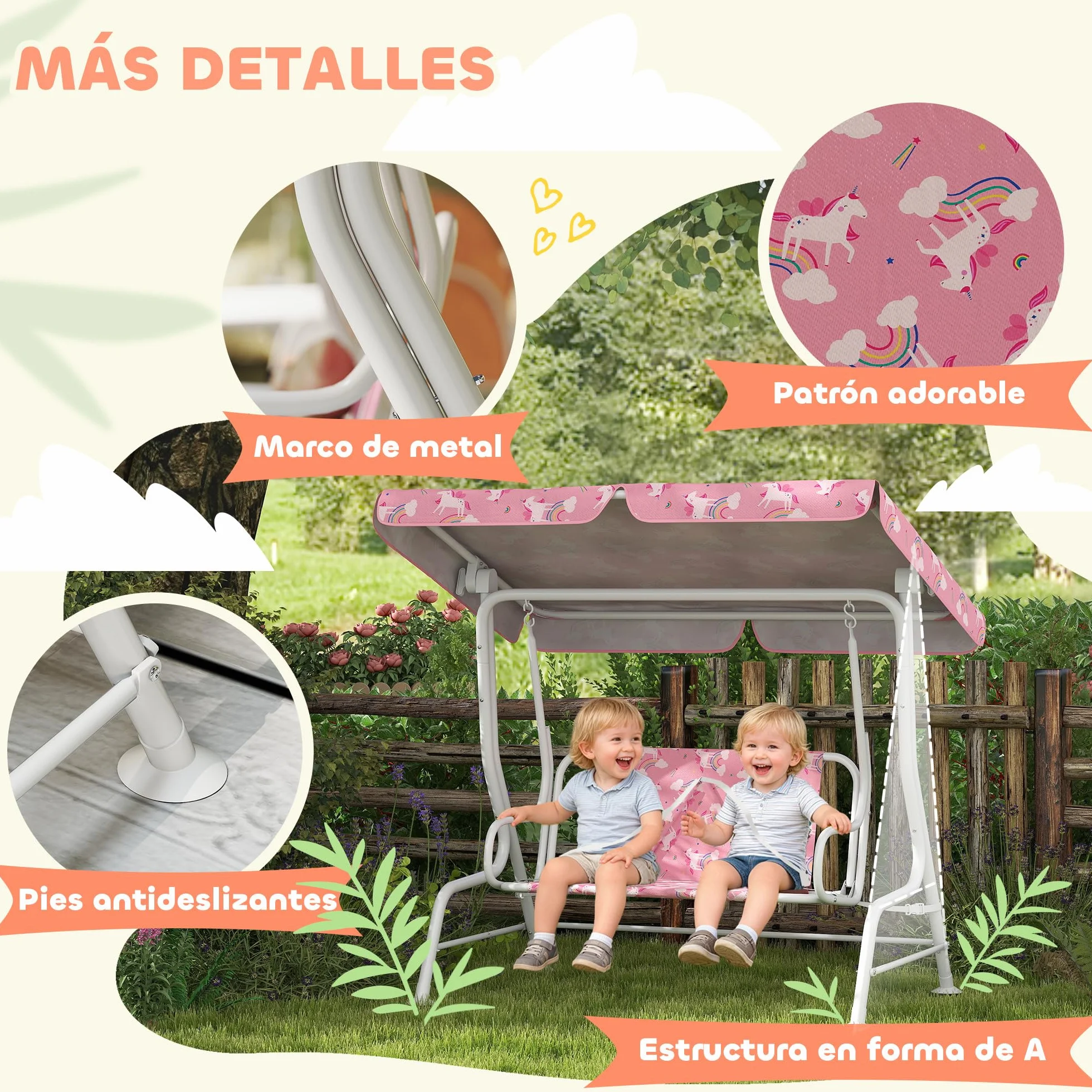 AIYAPLAY Columpio de Jardín Exterior para Niños de 2 Plazas, Balancín de Jardín, Toldo Ajustable, con Cinturones de Seguridad, Diseño de Unicornio y Arcoíris, para Interior, Patio, 112x75x120 cm, Rosa