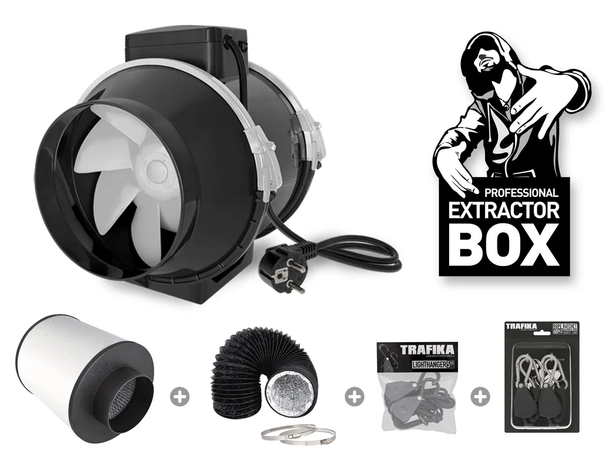 TRAFIKA Kit Extractor Cultivo 100mm/250m3h Filtro CARBÓN+Extractor DE Aire TT100 (2 velocidades)+5M COMBIDUCT+LIGHTHANGERS (5KG)+POLEAS (64KG) / Kit EXTRACCIÓN Cultivo/Extractor Aire Cultivo