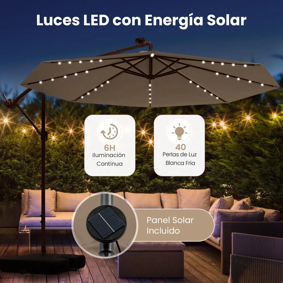 COSTWAY Sombrilla Terraza Exterior con Base, Parasol Excentrico 3x3 con 40 Luces LED, Sombrilla Jardin Inclinable con Manivela, Patio, Jardín, Terraza, Piscina, Playa (café)