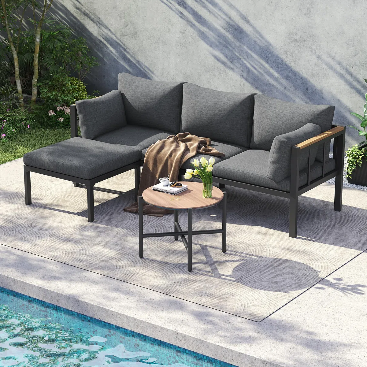 Conjunto Jardin Exterior 3 Piezas Muebles Jardin Exterior con Sofá de 3 Plazas, Banco y Mesa, Mesa y Sillas Terraza con Cómodos Cojines, Mesa y Sillas Terraza Exterior Muebles de Jardín, Gris