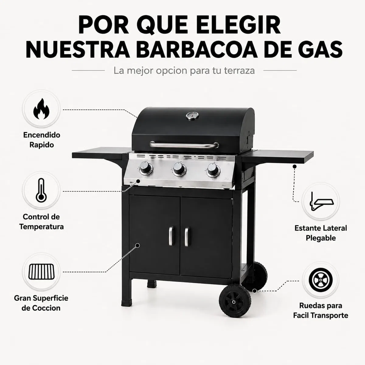Barbacoa de gas 3 fuegos con tapa y termómetro integrado – Parrillas resistentes, ventilación lateral, mesas laterales plegables, estructura robusta – Barbacoa exterior
