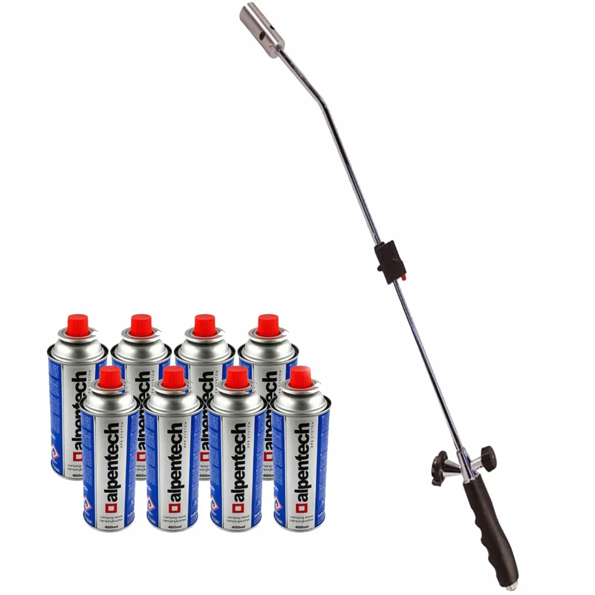 Alpentech KZ Garden – Herbicida térmico piezoeléctrico con antorcha de gas + 8 recargas herbicida térmica, quemador de césped, linterna de jardín