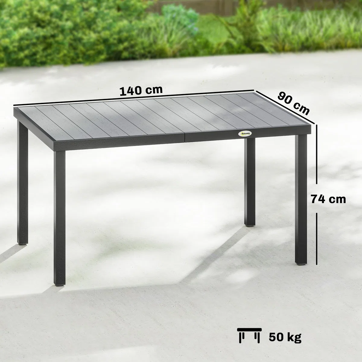 Outsunny Mesa de Comedor de Jardín Rectangular, Mesa de Terraza Exterior 140x90x74 cm, con Estructura de Acero y Encimera Desmontable de WPC de Listones, Carga 50 kg, para Patio, Balcón, Gris