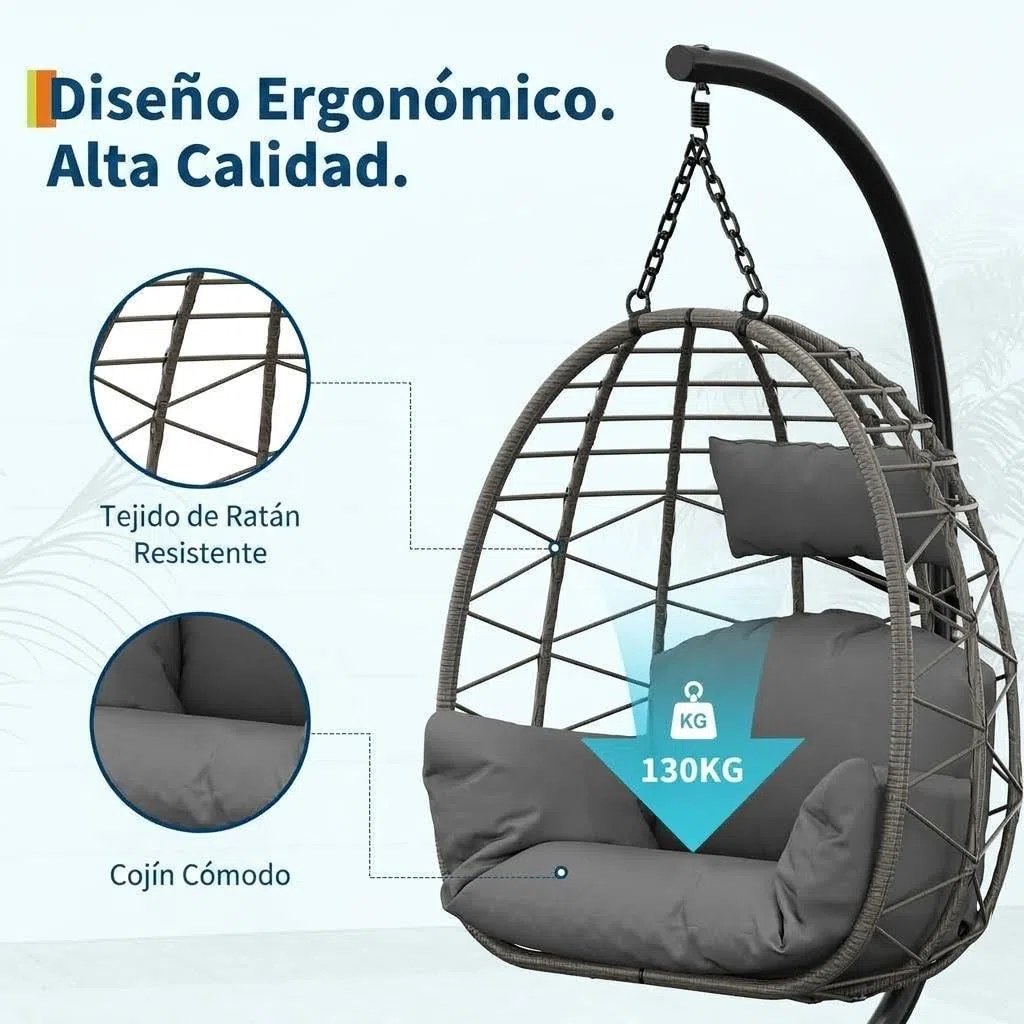 Silla Colgante con Soporte Metálico - Columpio Huevo 150 kg Cojines Incluidos - Estructura Estable para Jardín, Balcón o Patio - Hamaca Colgante Exterior Gris,Gris