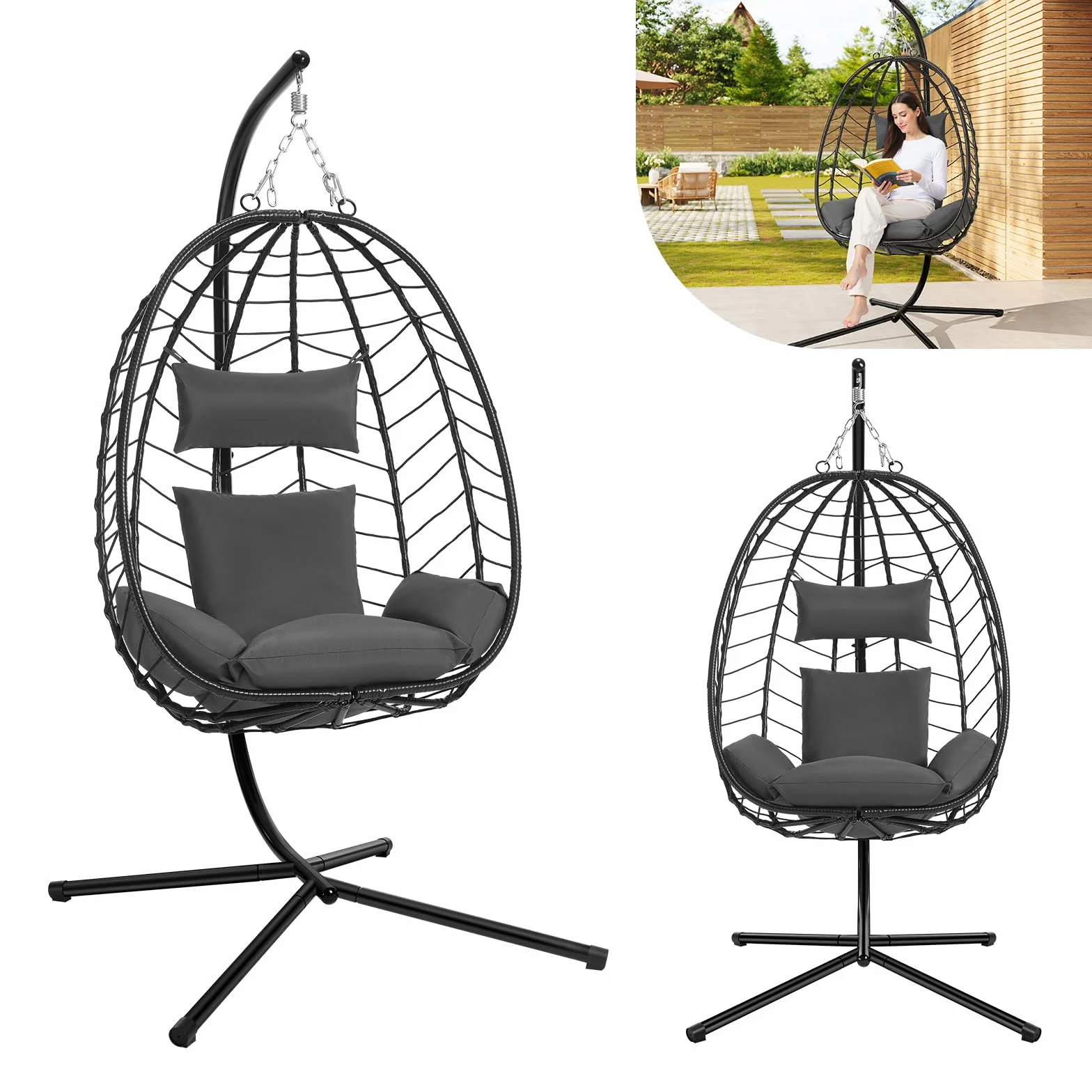 Laneetal Silla Colgante, Silla Huevo con Soporte, Columpio con Cojín y Reposacabezas, Carga 150 kg, PE Aspecto Ratán, Estructura de Metal, para Jardín Patio Terraza 102x100x196 cm, Gris Oscuro