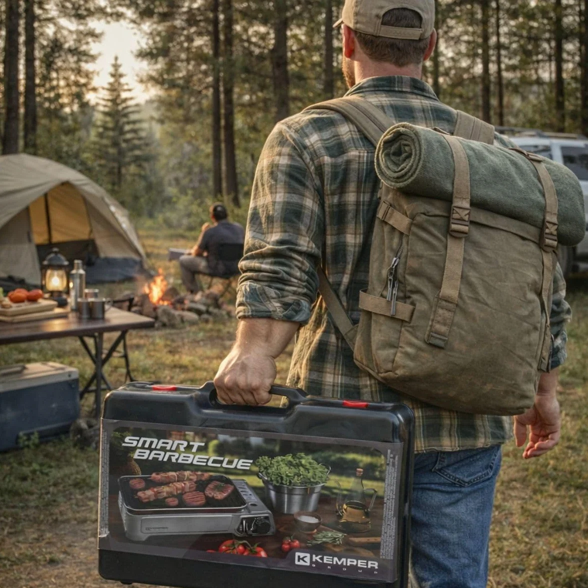 Kemper barbacoa de Gas, portátil, 1,9 kW, rejilla antiAdherente + 4 cartuchos de gas para acampada