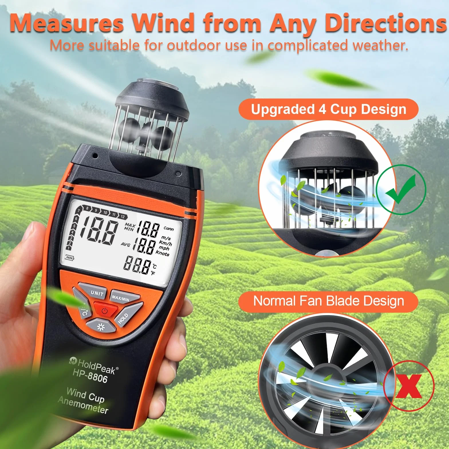 Anemómetro Digital de Mano, HoldPeak 8806 4 Wind Cup Anemómetro para Exterior, Velocidad del Viento de 0,7 a 42 m/s y temperatura (℃/℉) con Brújula, Anemometro Portatil para Tiro, Pesca, Kitesurf