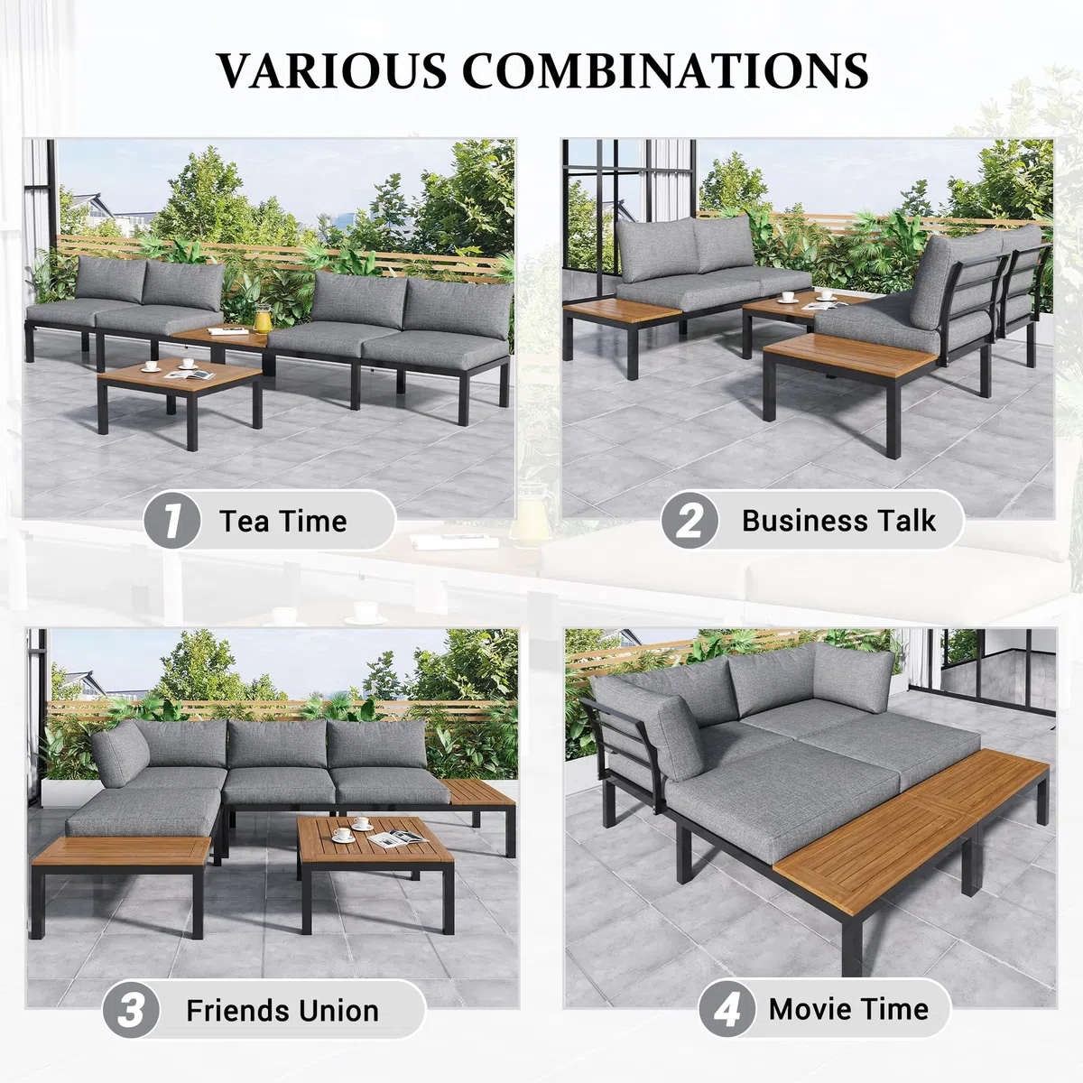 Juego de salón de jardín de 4 plazas, sofá cama cómodo con cojines, 2 asientos dobles, 1 mesa + 2 mesas de madera de acacia, estructura de acero galvanizado resistente, impermeable, gris