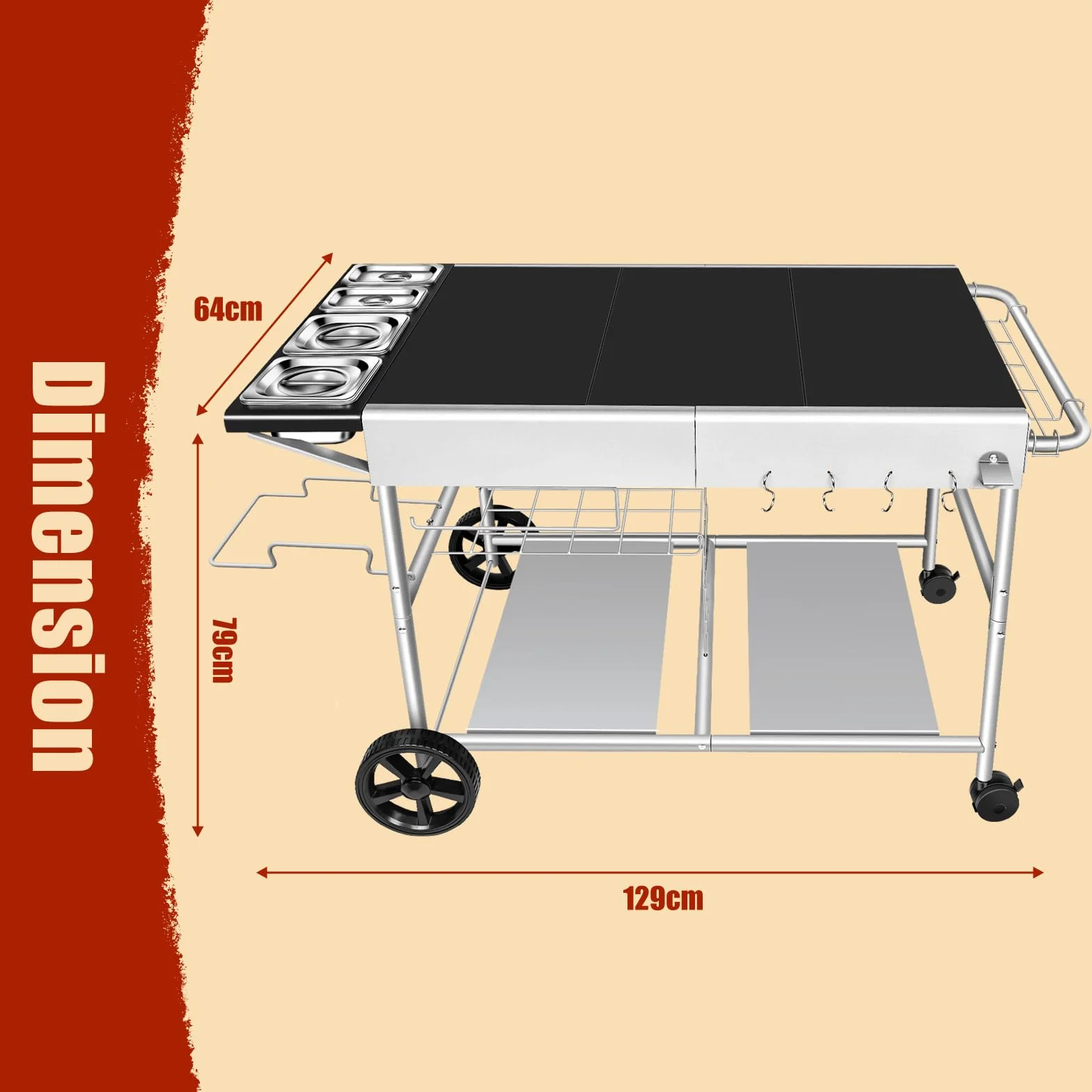Denmay 128 x 66 x 78 cm carro de barbacoa para Weber Q Serie, Ninja Woodfire, horno de pizza, parrilla de mesa, horno para pizza, carrito de servir con gran superficie de trabajo, mesa de barbacoa al
