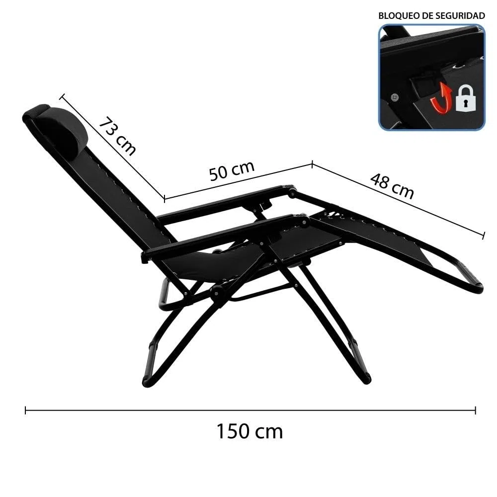 LOLAhome Pack de 2 sillas Gravedad Cero reclinables con Bloqueo de Seguridad Negras de Tejido Oxford y Acero de 95x65x106 cm