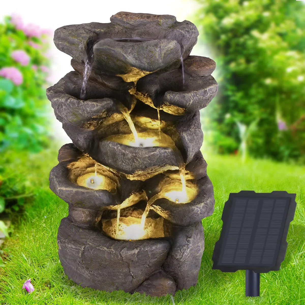 Fuente Solar Decorativa con Cascada y Luz de jardín - Bomba de Estanque para Patio, balcón con Inicio instantáneo, batería de Iones de Litio y luz LED