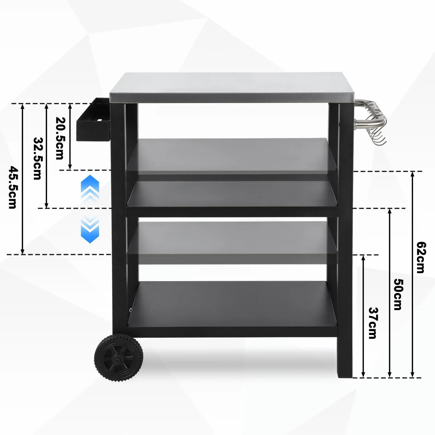 Carro de barbacoa regulable en altura, mesa de barbacoa con 3 estantes, 6 ganchos, asa y estante para especias, carrito de cocina al aire libre con ruedas, mesa de acero inoxidable para jardín