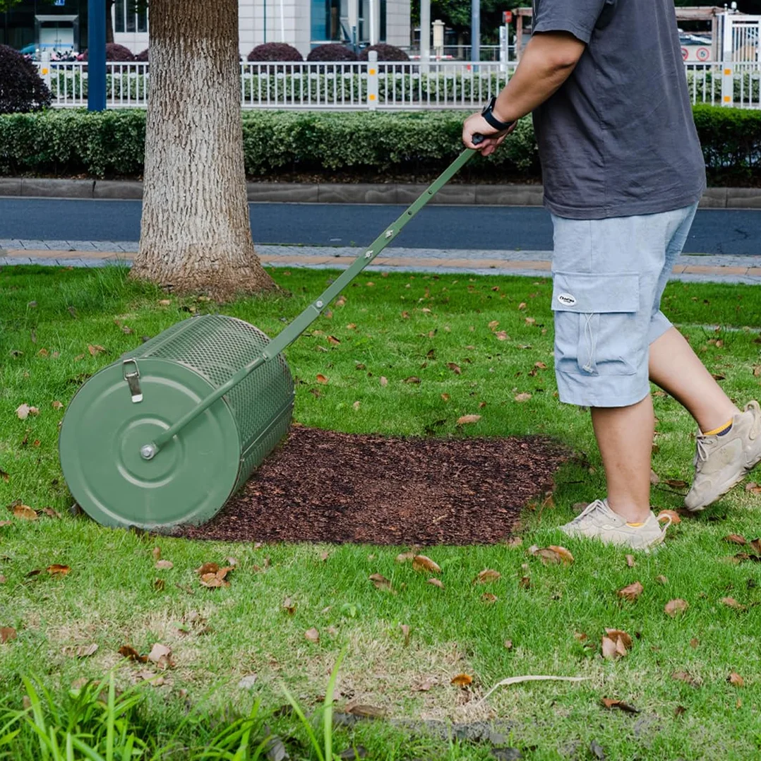 Esparcidor De Compostaje De 75 L con Asa,con Bloqueo Lateral para Esparcir Fertilizante,Multiusos, Red De Metal, Esparcidor De Abono, Rodillo De Semillas, Esparcidor De Semillas, Color Verde