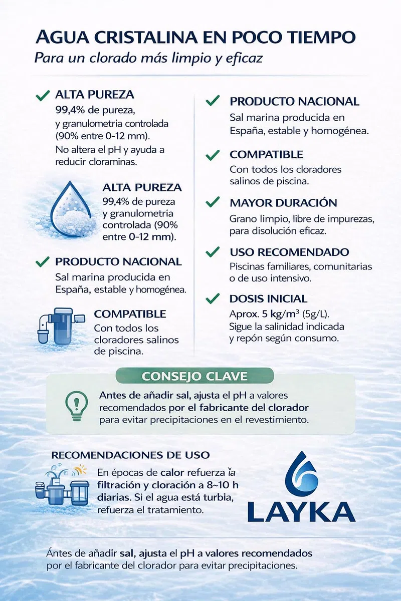10 Sacos Sal para Piscinas 25 kg - Sal Piscina Cloracion Salina Layka - Agua Clara en Piscinas, SPA y Jacuzzis