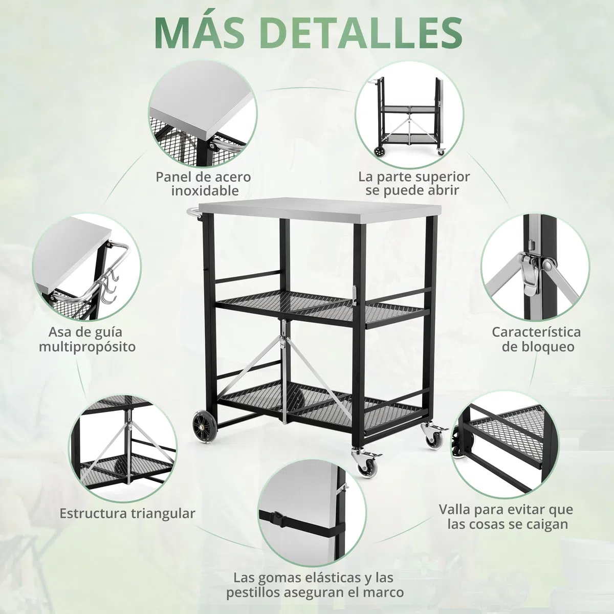 LUE BONA Mesa de Barbacoa con 2 Niveles,Carro de Barbacoa con 4 Ruedas Cerradas,Postre Exterior para Barbacoa con Ganchos y Estante,Carrito de Comedor para Cocinas,Barbacoas,Fiestas,47x70x86 cm,Negro